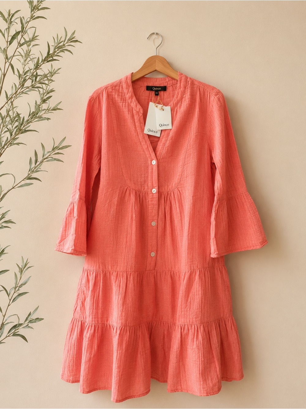 NWT Quince 100% Organic Cotton Gauze Tiered Mini Dress Coral Blush XS